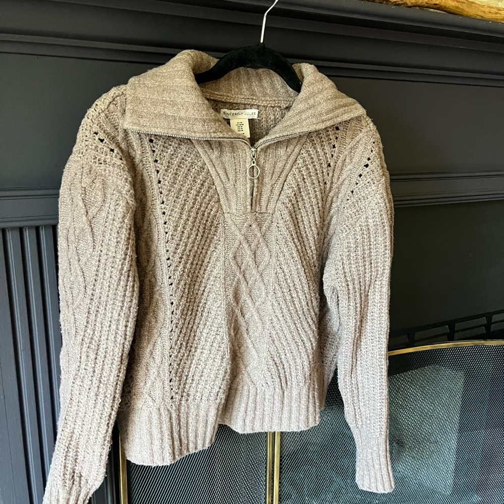 Sincerely Jules Tan Cowl Neck Sweater with Cable Knit Design